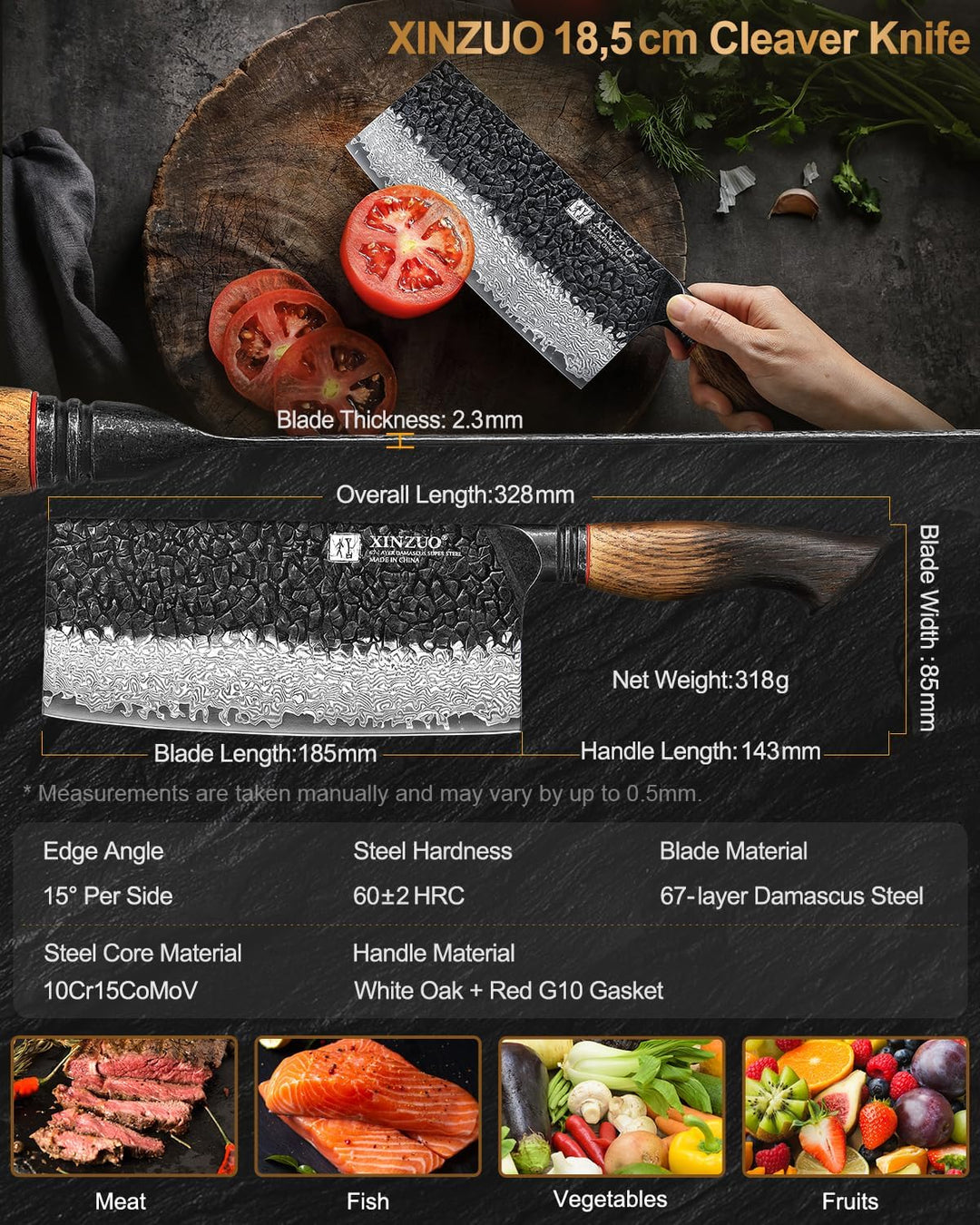 XINZUO Damaststahl Hackmesser 18,5cm Chinesisches Kochmesser -Profi Küchenmesser Hammerfinish Hackbe