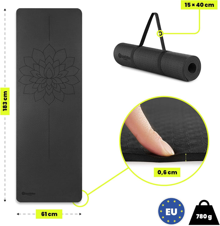 HyperMotion Yogamatte Fitnessmatte NBR 183x61x0,8 cm Schwarz, Rutschfest 8 mm, mit Tragegurt und Str