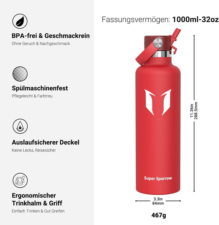 Super Sparrow Trinkflasche Edelstahl - Thermobecher - 350ml, 500ml, 750ml, 1L - Standardmund Stroh-D