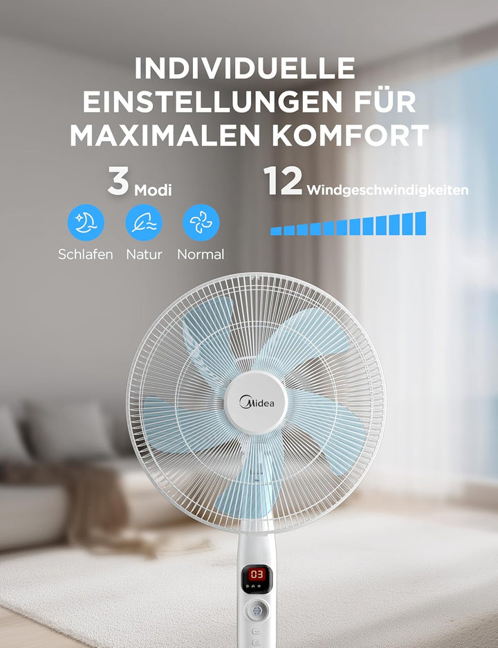Midea FS40-16CR DC Motor Standventilator leise Extreme,mit Fernbedienung,12 Geschwindigkeiten,12H Ti
