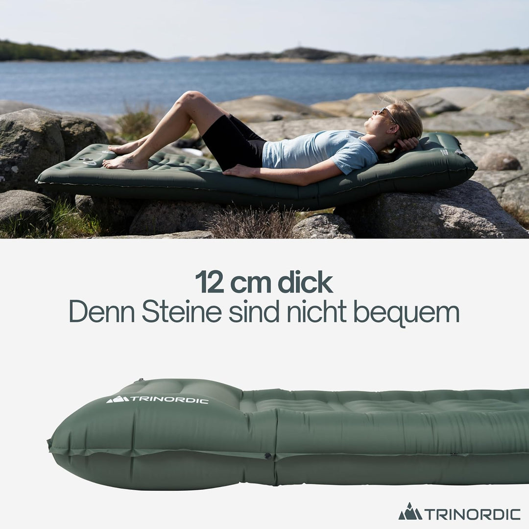 Trinordic Extradicke Aufblasbare Isomatte - 12cm Dick & 70cm Breit mit Fusspumpe & Kissen - Camping