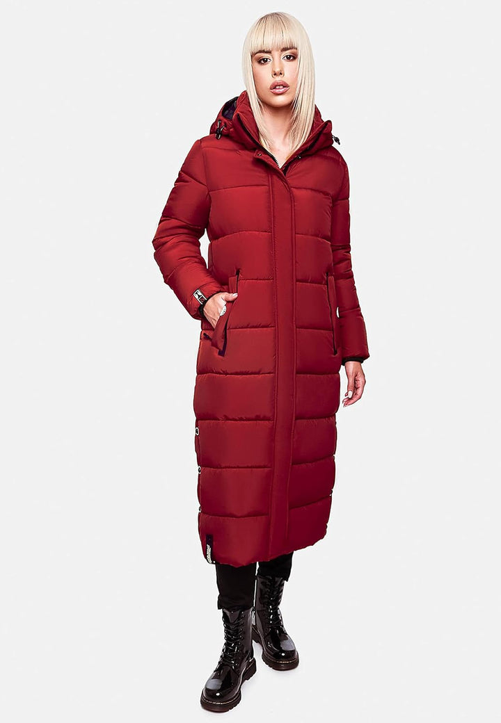 Navahoo Damen Wintermantel Warmer Steppmantel lang mit Abnehmbarer Kapuze Isalie XS-XXL M Dark Red,