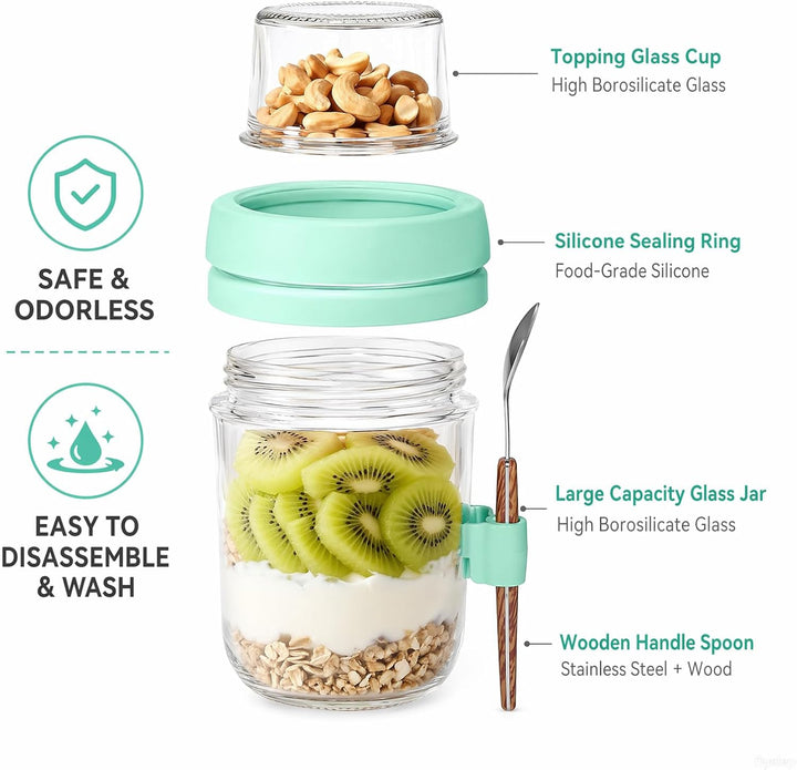 4er Set Müslibecher to Go mit Löffel, 480ml+120ml Overnight Oats Gläser, Joghurtbecher to go mit Dop