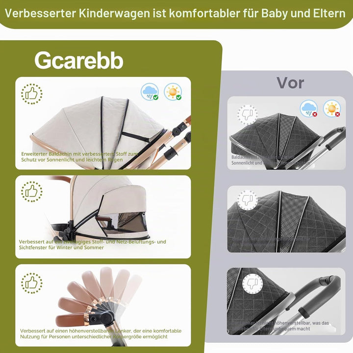 Gcarebb 3 in 1 Kinderwagen Reisesystem Mit Isofix Base, Buggy Mit Auto Babyschale, Mit Höhenverstell