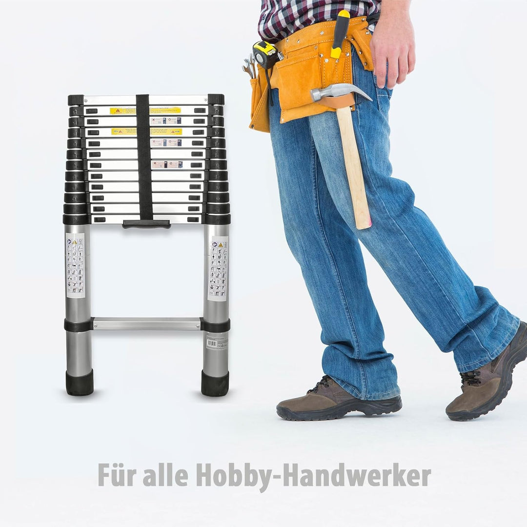 Eaxus® Teleskopleiter 3,8m - DIN EN 131 Aluminium Mehrzweckleiter Ausziehbar mit 13 Stufen, Silber 3