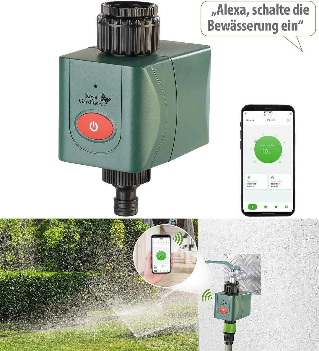 Royal Gardineer Elesion Bewässerung: WLAN-Bewässerungscomputer mit Ventil, Wetterdatenabgleich per A