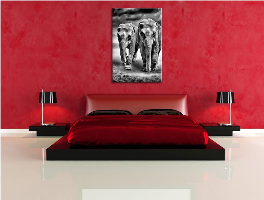 Pixxprint Elefanten in Steppe als Leinwandbild/Grösse: 100x70 / Wandbild/Kunstdruck/fertig bespannt,