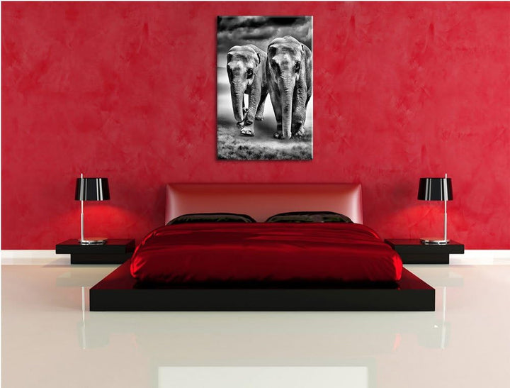 Pixxprint Elefanten in Steppe als Leinwandbild/Grösse: 100x70 / Wandbild/Kunstdruck/fertig bespannt,
