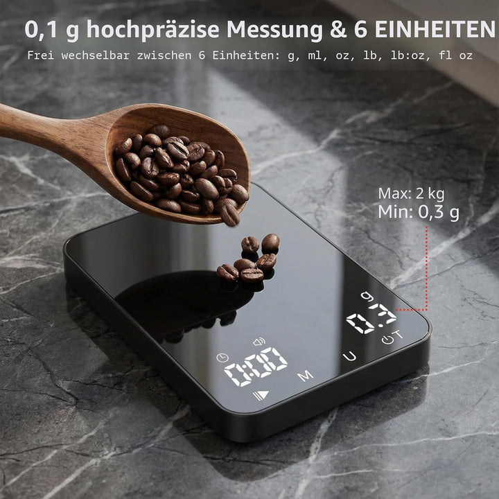Diyife Rechteckige Kaffeewaage mit Timer, 2kg/0,1g Hochpräzise Digitale Waage - 6 Einheiten, 2 Timer
