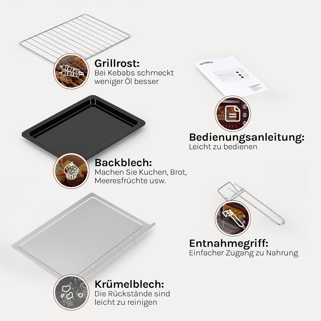 WOLTU Mini Backofen 28 L, Pizzaofen 1600 W, 100-230 °C, Timer 0-60 Min., 3 Heizmodi, inkl. Backblech