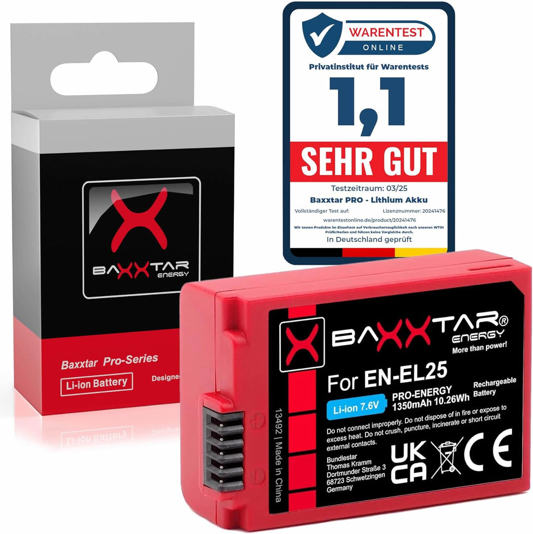 Baxxtar Pro EN-EL25 Kamera-Akku (1350mAh) mit aktivem NTC-Sensor - Kompatibel mit Nikon Z30 Z50 Z-fc