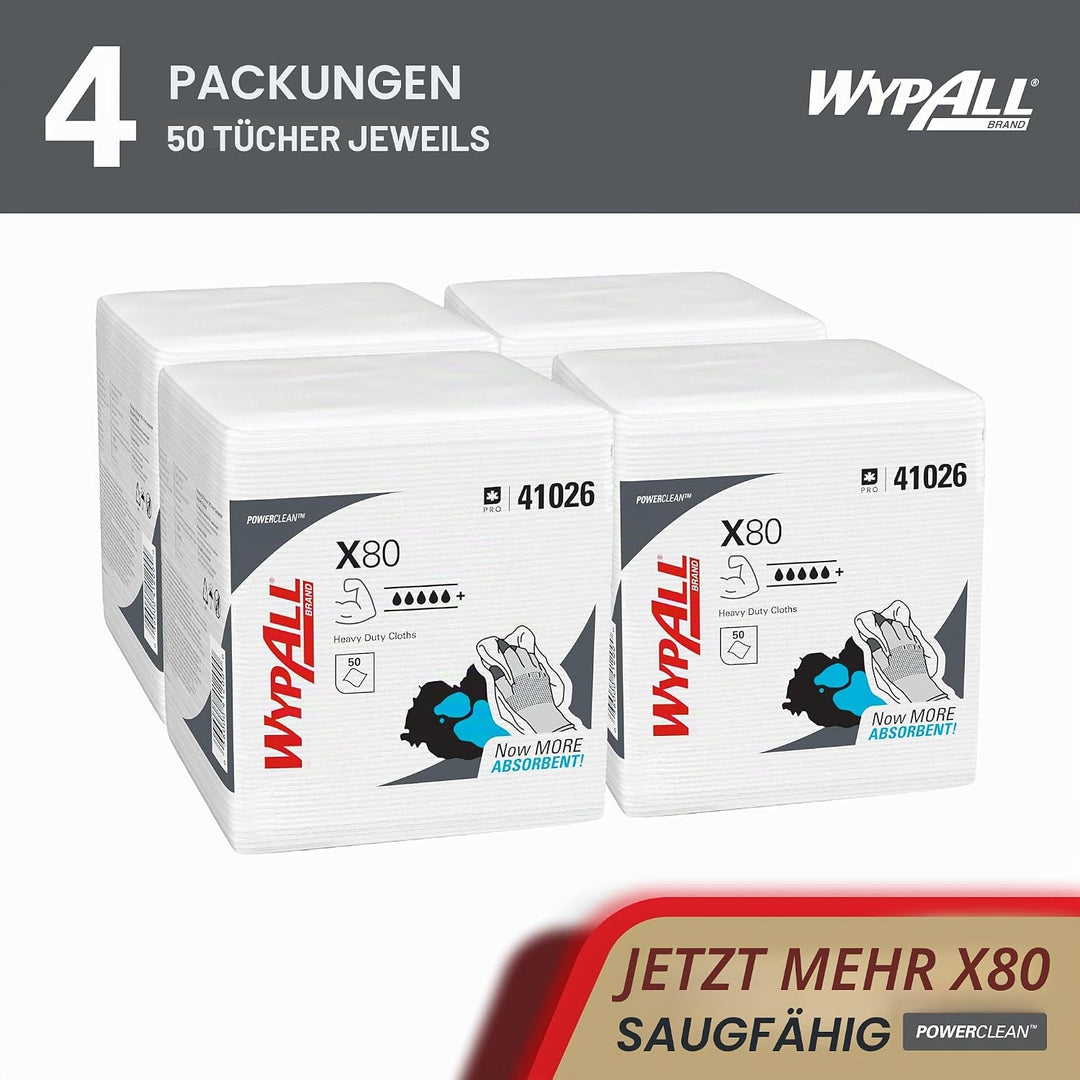 WypAll 8388 X80-Reinigungstücher 1-lagige, weissen, 4 Packungen x 50 viertelgefalteten Tüchern