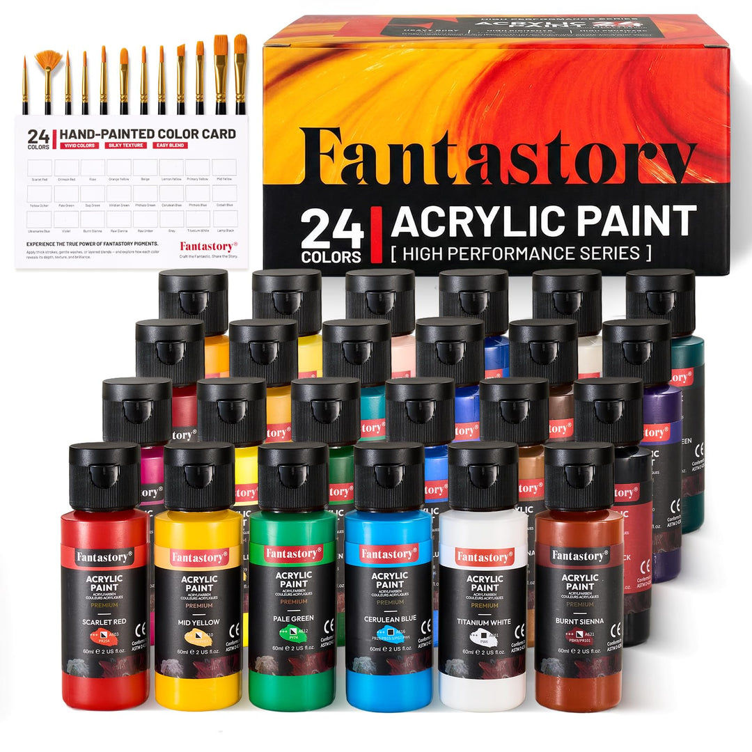 Fantastory Acrylfarben Set 24x 60ml,12 Pinsel;Exzellente Deckkraft,hohe Lichtechtheit,wasserfest Acr