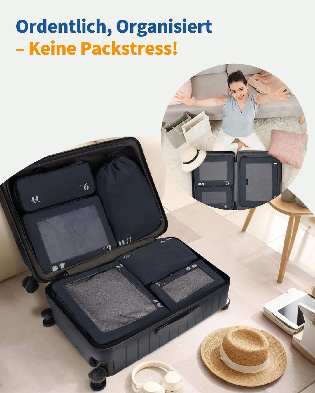 ECOHUB 7 Teilig Koffer Organizer Set, Packing Cubes mit Reissverschluss, Recyceltes PET Packwürfel S