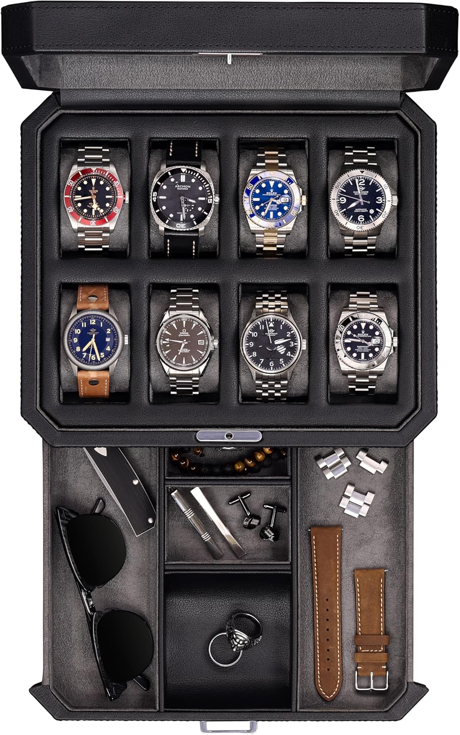 ROTHWELL Uhrenbox aus Leder mit 8 Schlitzen und Aufbewahrungsschublade – luxuriöser Schmuck-Organize