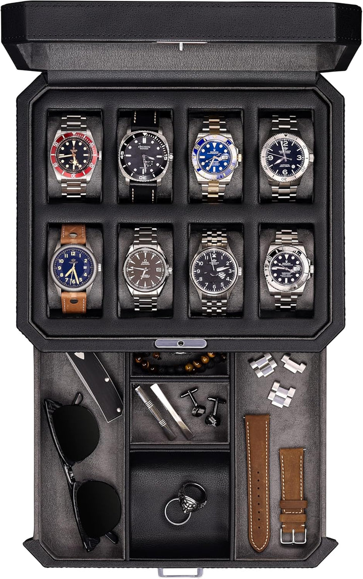 ROTHWELL Uhrenbox aus Leder mit 8 Schlitzen und Aufbewahrungsschublade – luxuriöser Schmuck-Organize