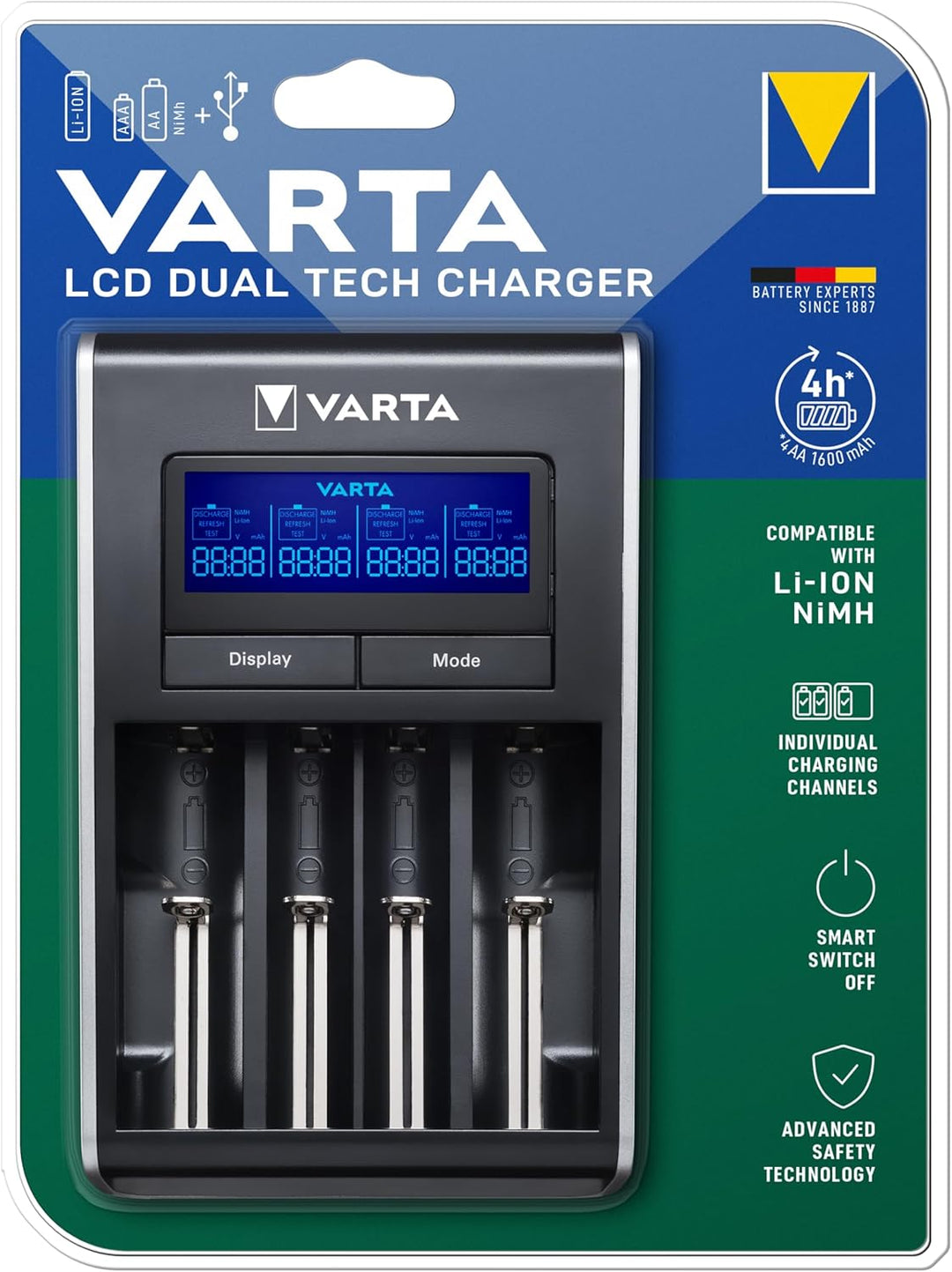 VARTA Akku Ladegerät, Batterieladegerät für AA/AAA, Dual Tech Charger, 4 Lademodi, Temperaturkontrol