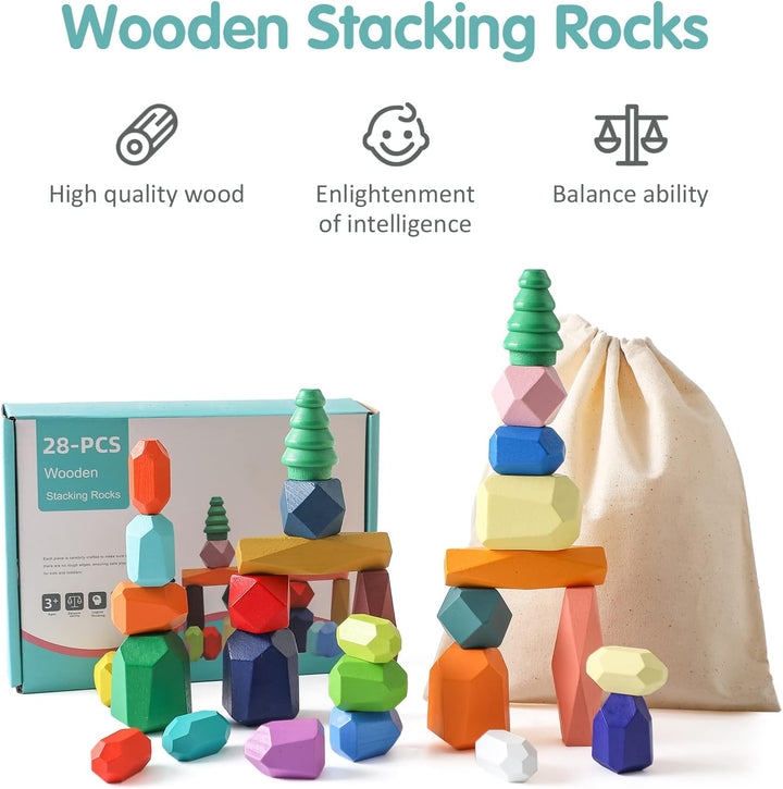 Montessori Holzspielzeug 28 PC Balanciersteine für Kinder,Stapelsteine Bausteine Balance Steine, Hol