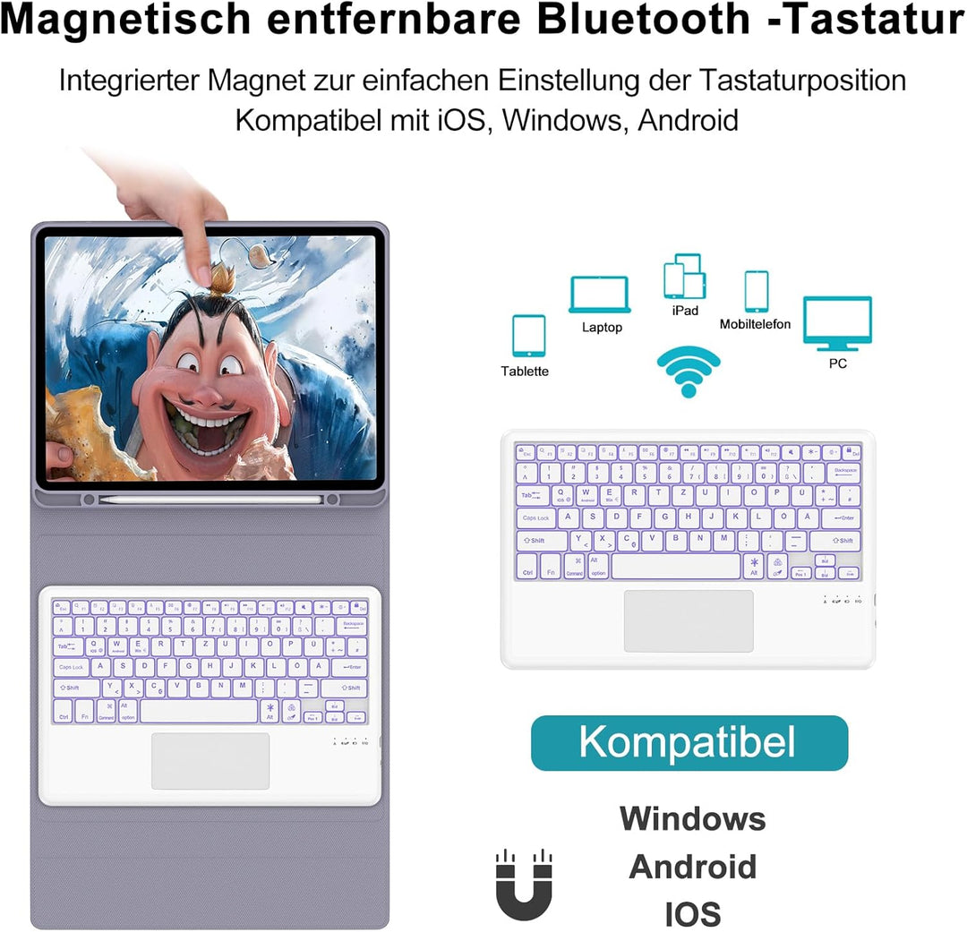 Hülle mit Tastatur für iPad Pro 12.9 (6/5/4/3 Gen), 7 Farben Beleuchtung, Multi Touch Trackpad, Deut
