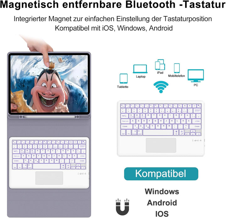 Hülle mit Tastatur für iPad Pro 12.9 (6/5/4/3 Gen), 7 Farben Beleuchtung, Multi Touch Trackpad, Deut