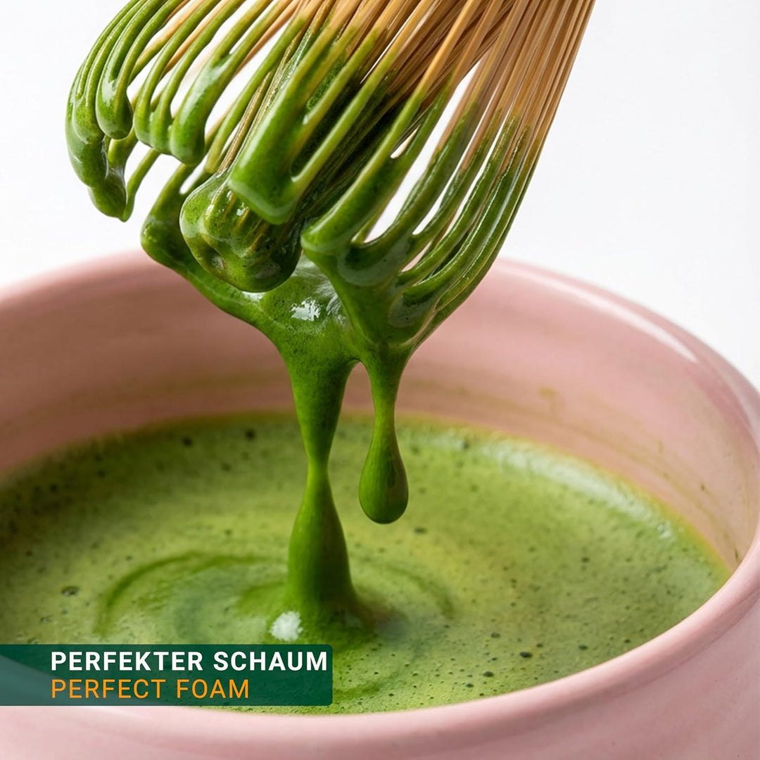 Matchaya Matcha Set 7-teilig Rosa – Keramik Chawan 460ml, Bambus Chasen & Halter, Chashaku, Ablage,