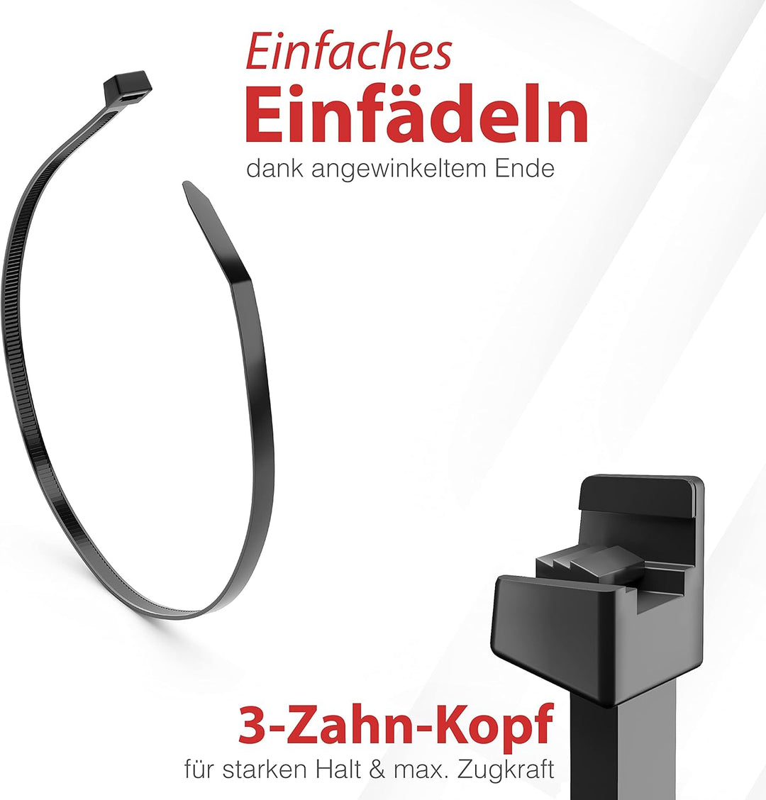 HeiKab 1000 Kabelbinder 200 x 4,8 mm - UV-Beständig - Mindestzugfestigkeit 220 N / 22,4 kg - Schwarz