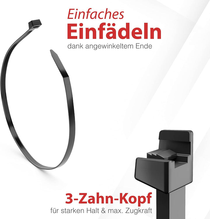 HeiKab 1000 Kabelbinder 200 x 4,8 mm - UV-Beständig - Mindestzugfestigkeit 220 N / 22,4 kg - Schwarz