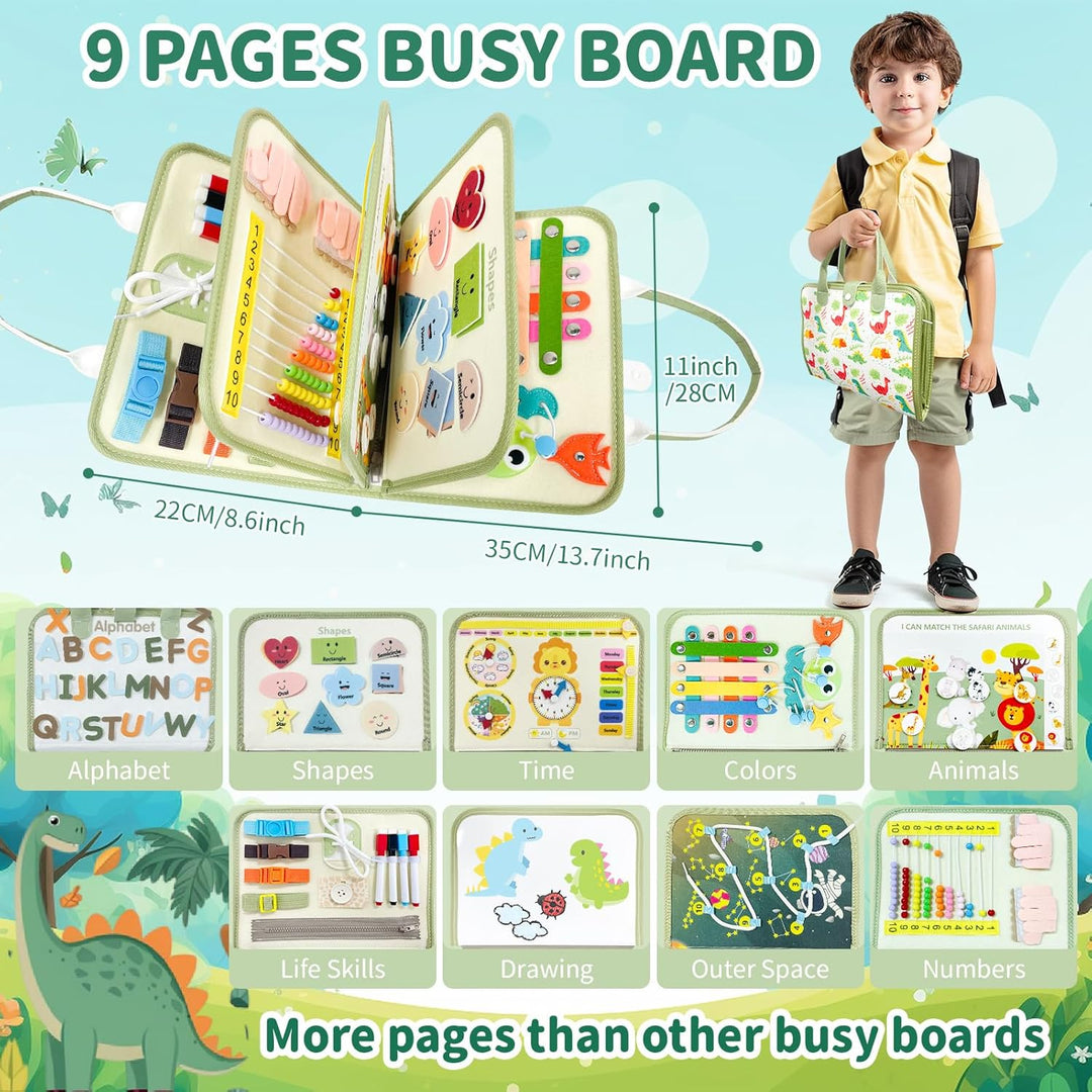 Busy Board, Montessori Spielzeug 1 2 3 4 Jahre, 9 in 1 Dinosaurier Quiet Book, Filz Activity Board,