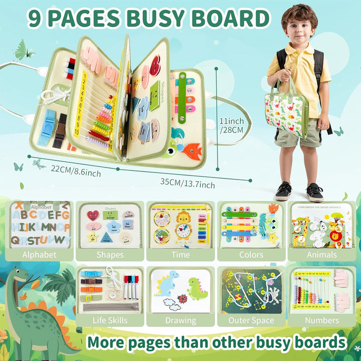 Busy Board, Montessori Spielzeug 1 2 3 4 Jahre, 9 in 1 Dinosaurier Quiet Book, Filz Activity Board,