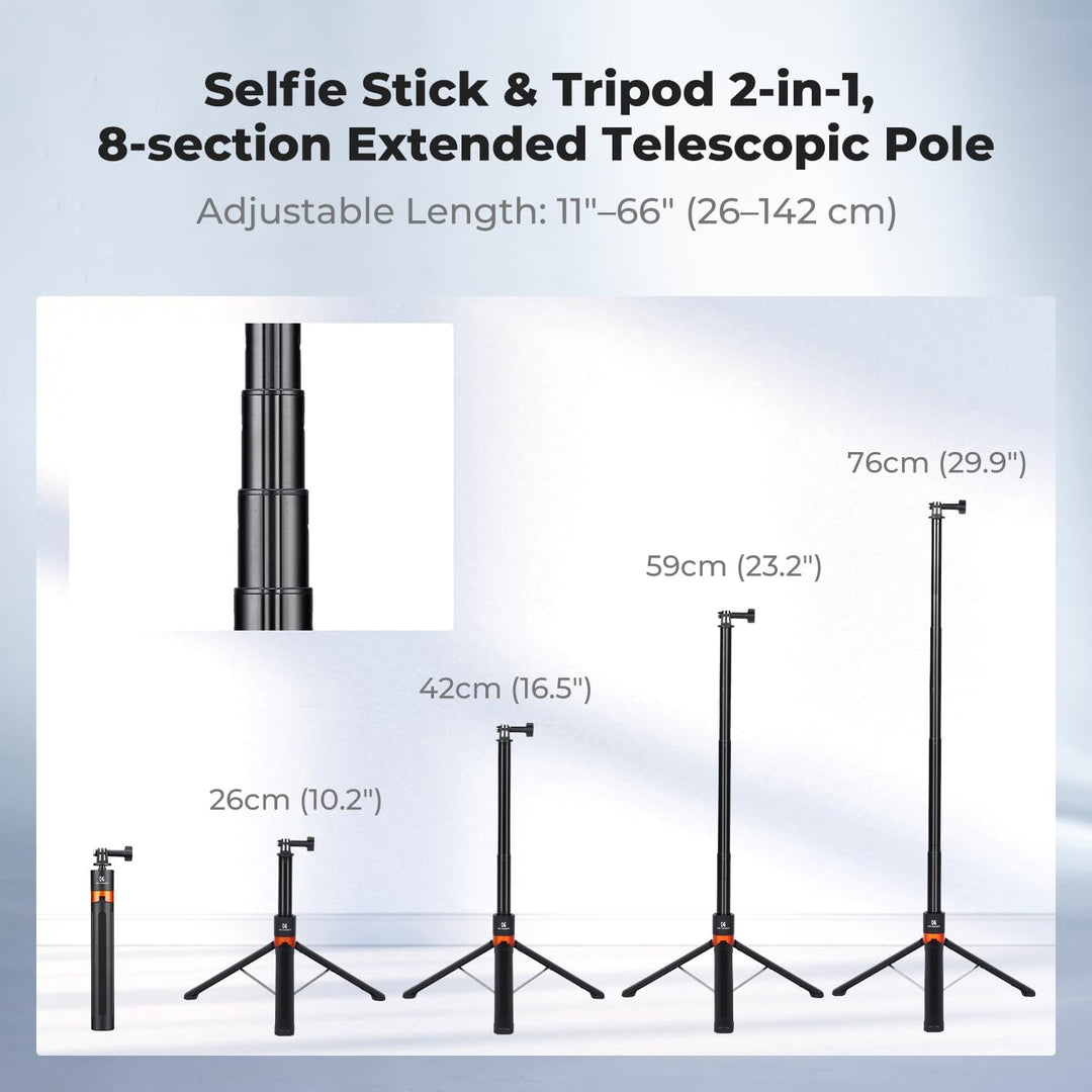 K&F CONCEPT 142 cm Selfie-Stick für Actionkameras, 2-in-1 Tragbarer Selfie Stick Stativ mit Dreizack