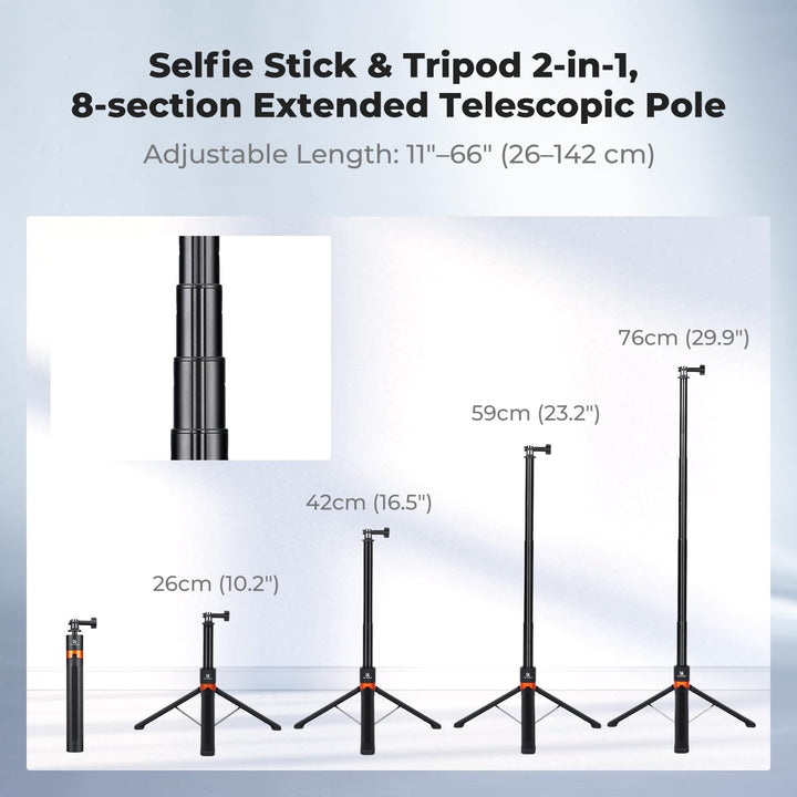 K&F CONCEPT 142 cm Selfie-Stick für Actionkameras, 2-in-1 Tragbarer Selfie Stick Stativ mit Dreizack
