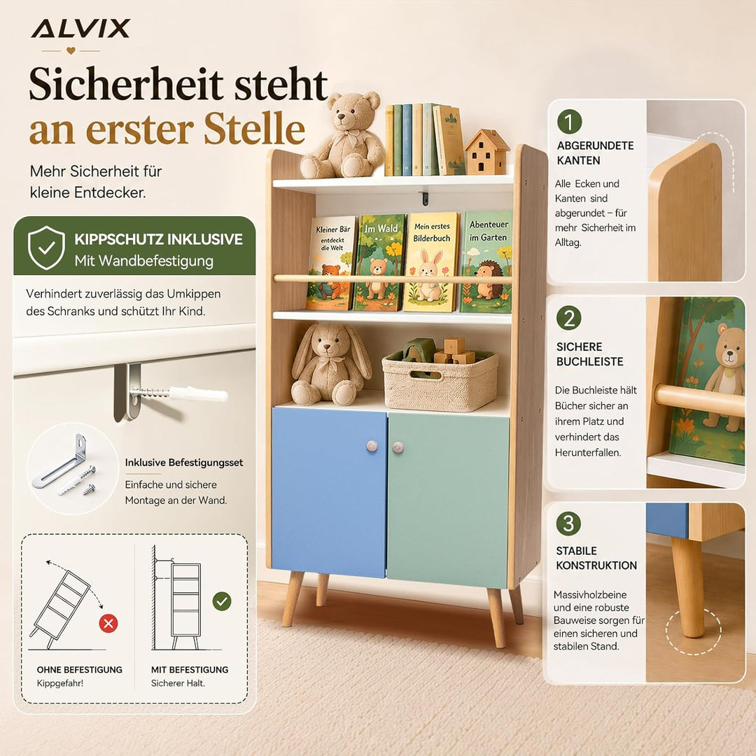 ALVIX Montessori Kinderregal mit 2 Türen und frontaler Buchablage | Bücherregal für Kinder, Spielzeu