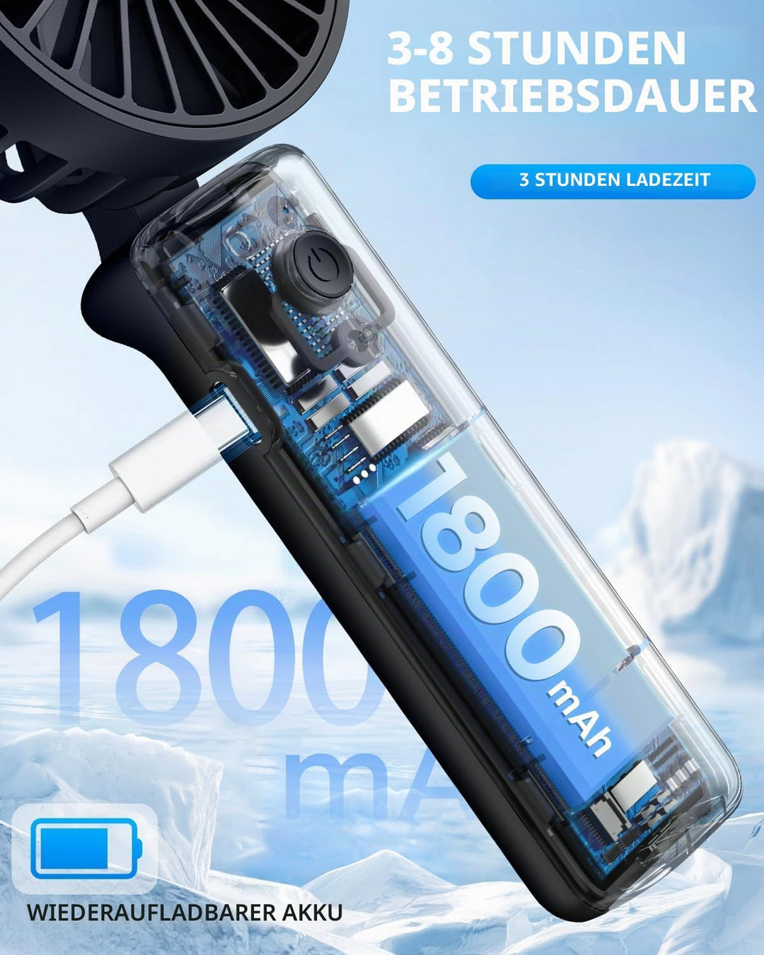 Tragbarer Handventilator,Mini-Schreibtischventilator Faltbar 1800mAh,180° Rotation,3 Geschwindigkeit