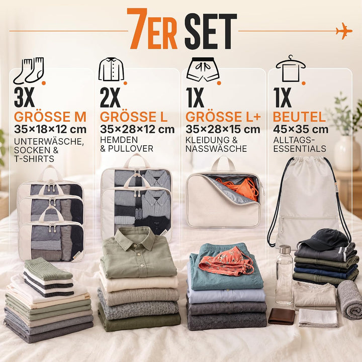 Packtaschen Kompression für Koffer und Rucksack [7-teilig] mit Packbeutel - mehr Platz im Koffer ode