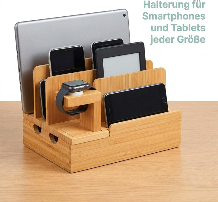 Relaxdays Ladestation, für Apple Watch, Bambus, HxBxT 15 x 21,5 x 15 cm, Handystation, Tablethalter,