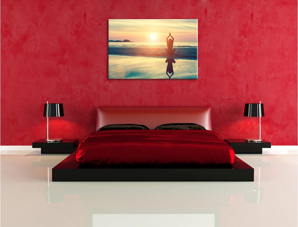 Pixxprint Frau in Einer Yogapose am Strand als Leinwandbild/Grösse: 100x70 cm/Wandbild/Kunstdruck/fe