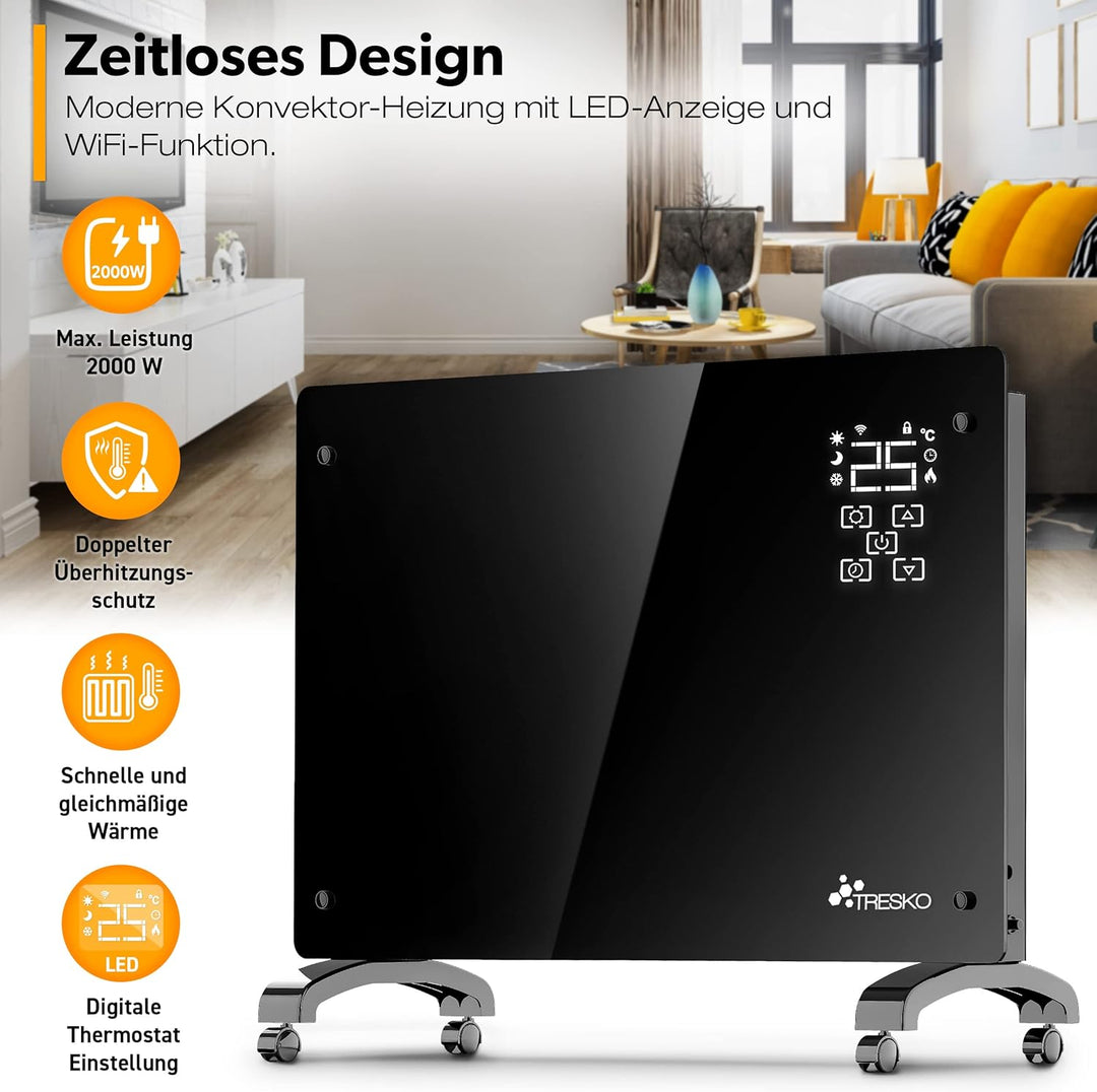 TRESKO® Glaskonvektor 2000W APP WiFi Funktion | Elektroheizung Glasheizung elektrisch | Konvektor He