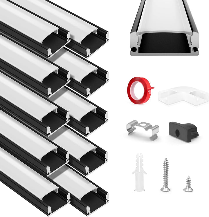 HOMMAND LED-Aluminiumprofil, 10 x 1 m, U-Form, Set mit Diffusor, Eckverbinder, Klebstoff, Endkappen