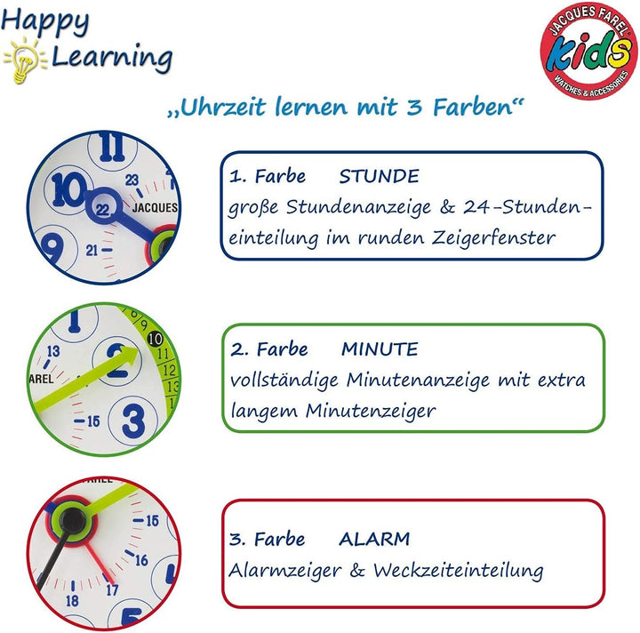 JACQUES FAREL Happy Learning Kinder-Wecker Lernwecker Jungen Schwarz Grün ohne Ticken Snooze Analog