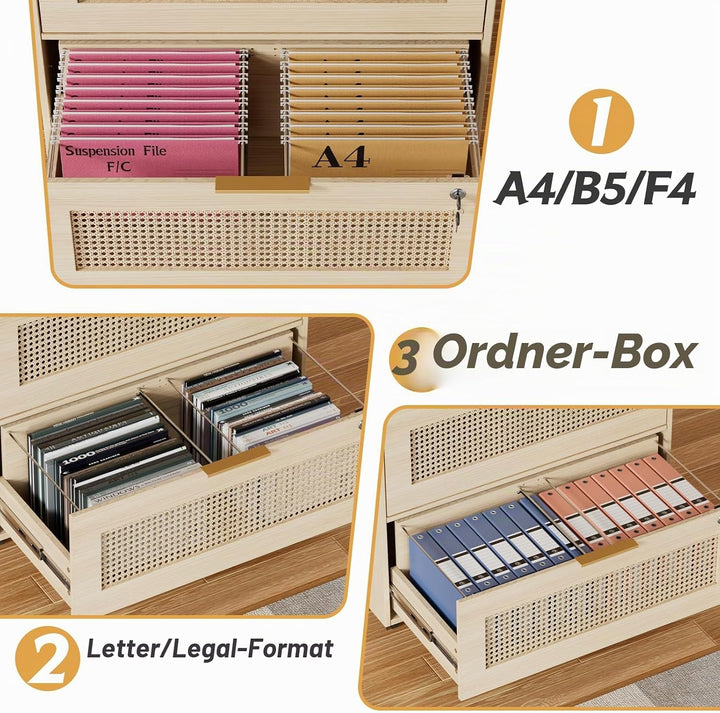 Rollcontainer Rattan, Büroschrank Abschliessbar, Mobiler Aktenschrank mit 4 Rollen, Ordnerschrank mi