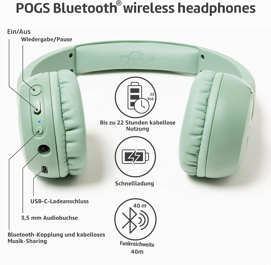 POGS Drahtloser Bluetooth Kinderkopfhörer | The Gecko 2 | Faltbarer robuster Kinderkopfhörer ab 3 Ja