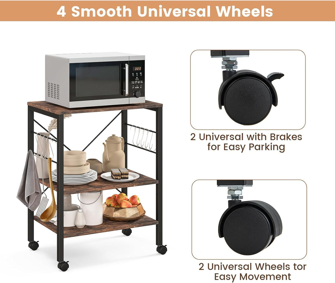 KOMFOTTEU Küchenwagen Küchenregal auf Rollen, 3 Ebenen Rollwagen Mikrowellenregal mit höheverstellba