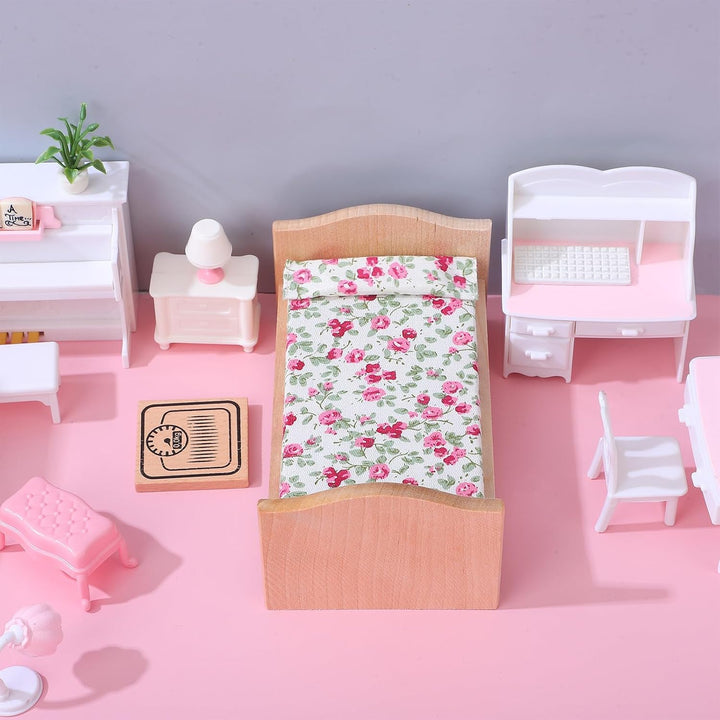 Kisangel 1 Set 1:12 Skala Mini-holzpuppenbett mit Rosenmuster Bettwäsche - Puppenhausmöbel für Puppe