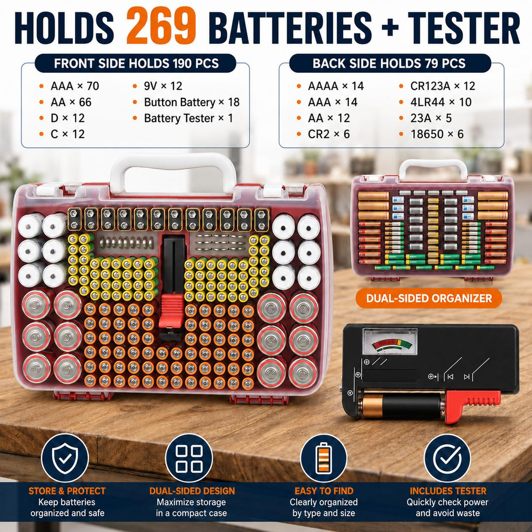 Batterie Aufbewahrungs Organizer mit doppelseitiger Batteriebehälter für 269 Stück AA AAA AAAA 3A 4A