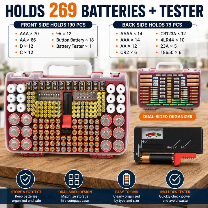 Batterie Aufbewahrungs Organizer mit doppelseitiger Batteriebehälter für 269 Stück AA AAA AAAA 3A 4A