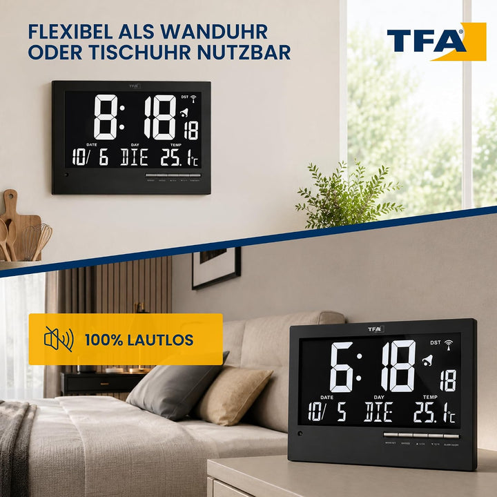 TFA Dostmann Digitale Funkuhr mit automatischer Hintergrundbeleuchtung, mit Innentemperatur, Datum,