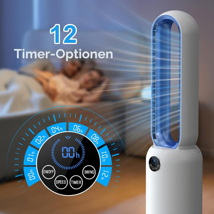Turmventilator ohne Flügel 88cm – geräuschloser Standventilator mit 55W Motor, LED-Touchscreen & Fer