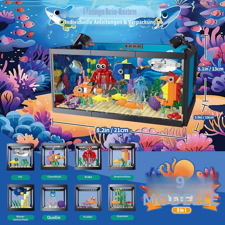 8-in-1 Aquarium-Baustein, Meeresaquarium-Baustein mit LED-Licht, einschliesslich Meeresquallen, Fisc