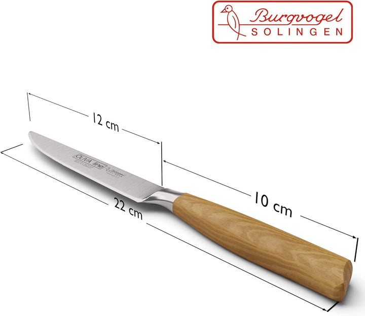 Burgvogel Solingen Steakmesser 12 cm geschmiedet Olivenholz, Oliva Line, Sägeschliff, rostfrei, hell