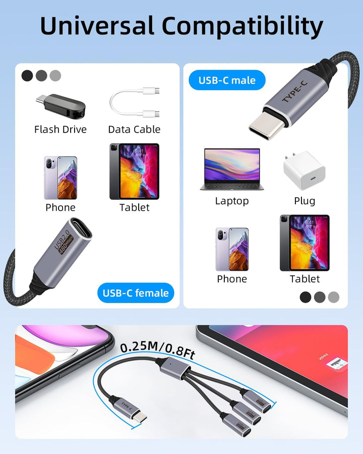 USB C Splitter 3 Port 1 Stecker auf 3 Buchse, 1 in 3 Ausgang USB C Extender Hub Daten und Stromverso